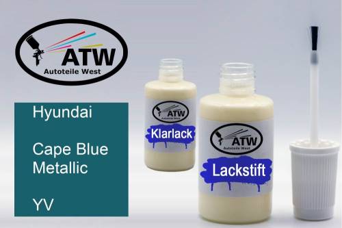 Hyundai, Cape Blue Metallic, YV: 20ml Lackstift + 20ml Klarlack - Set, von ATW Autoteile West.